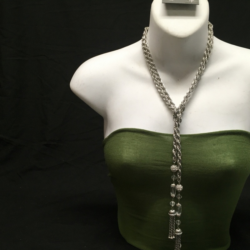 SILVER ROPE FRINGE W/CRYSTAL MATCHING FRINGE EARRINGS