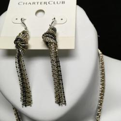 Charter Club Silver/HM/BRNZ Knot Fringe Necklace & Earrings