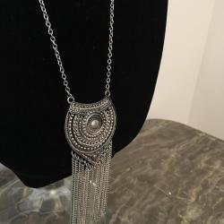 Silver Tone Necklace with Large Medallion and Fringe